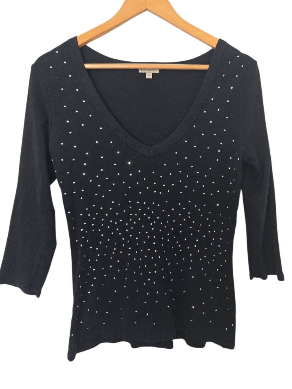 Boston Proper Rhinestone V Neck Top Black Sparkle Studded Tee Medium